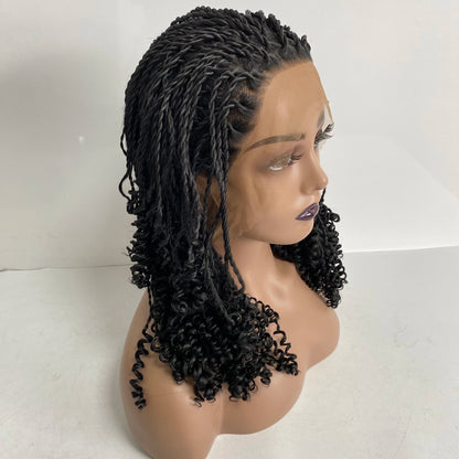 20 Inches Long Twist Braids Black Color Synthetic Hair 180% Heavy Density Lace Front Wig for Woman