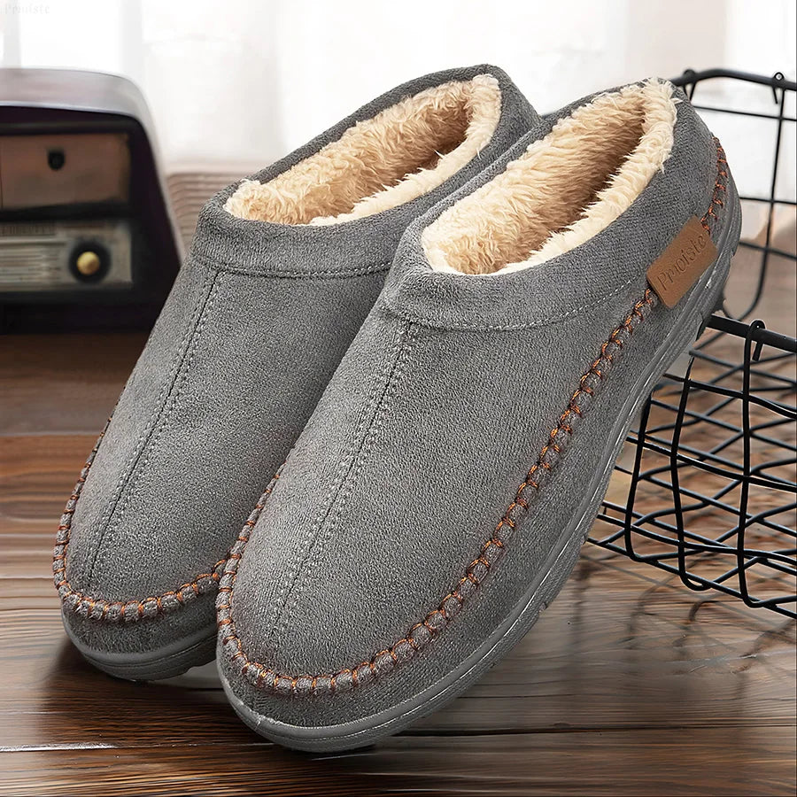 Men's Slippers Home Sewing Plush Memory Foam Warm House Shoes Male Luxury Suede Soft Non-Slip Winter Slippers For Indoor/Outdoor