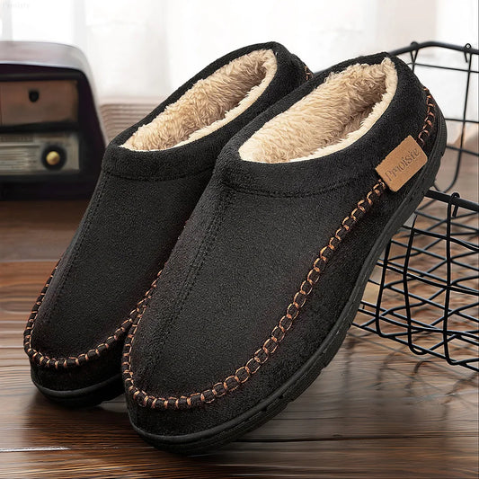 Men's Slippers Home Sewing Plush Memory Foam Warm House Shoes Male Luxury Suede Soft Non-Slip Winter Slippers For Indoor/Outdoor