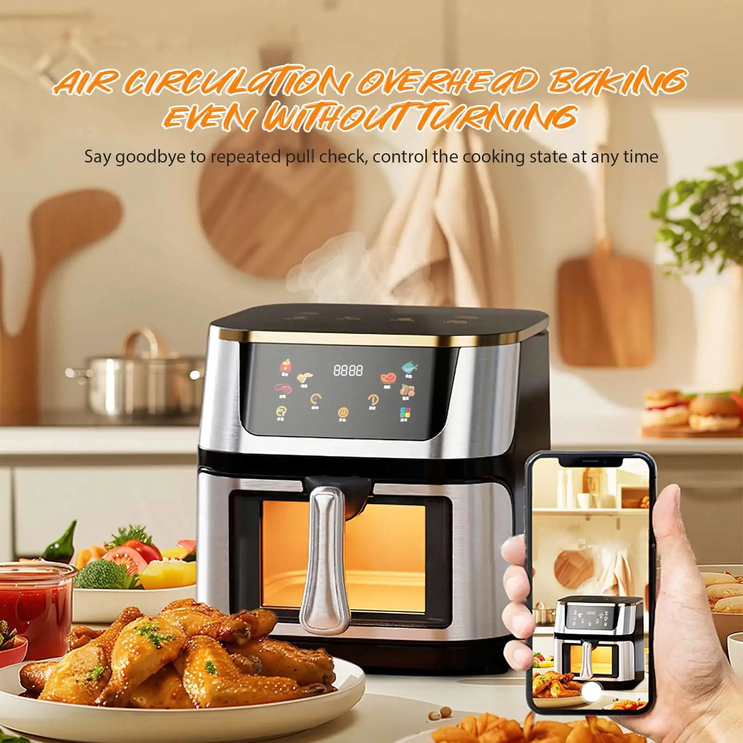 1400W Air Fryer 12L Stainless Steel Visible Large Capacity Electric Oven Touch Screen Multifunctional Electric Fryer