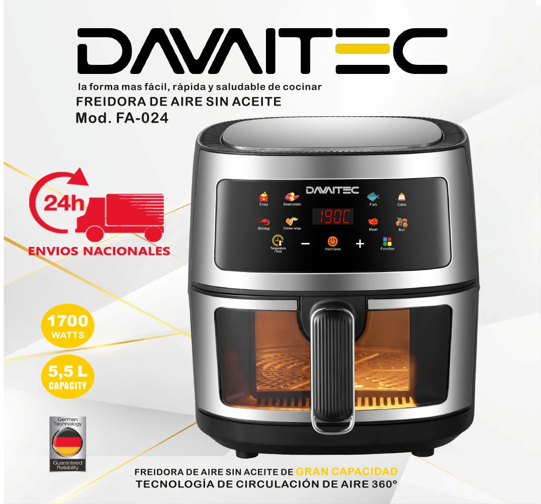 DAVAITEC oil free air fryer 5.5L 1700W with 360 air circulation technology