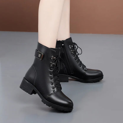 WOIZGIC Female Ladies Women Genuine Leather Ankle Boots Platform Winter Antumn Plush Fur Warm Shoes Plus Size Lace Up 35-43