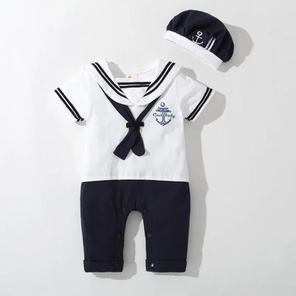 Baby Navy Romper Summer Newborn Kids Boys Girls Sailor Jumpsuit Hat 2Pcs Body Short Sleeve Anchor Printed Suit