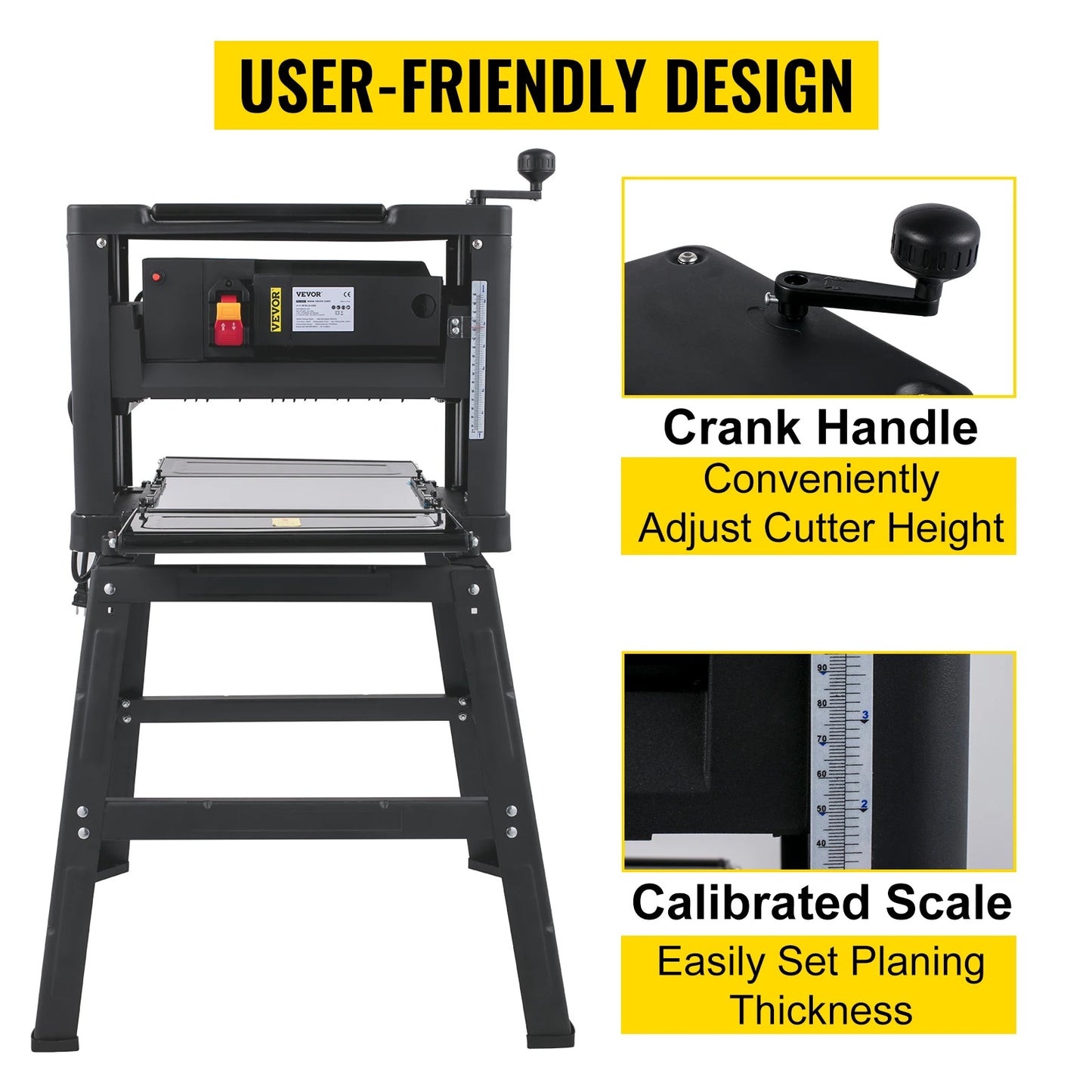 VEVOR 12 Inch Wood Planer 2000W Benchtop Thickness Portable Waterproof Dustproof Heavy Duty Woodworking with Stand HSS Blades