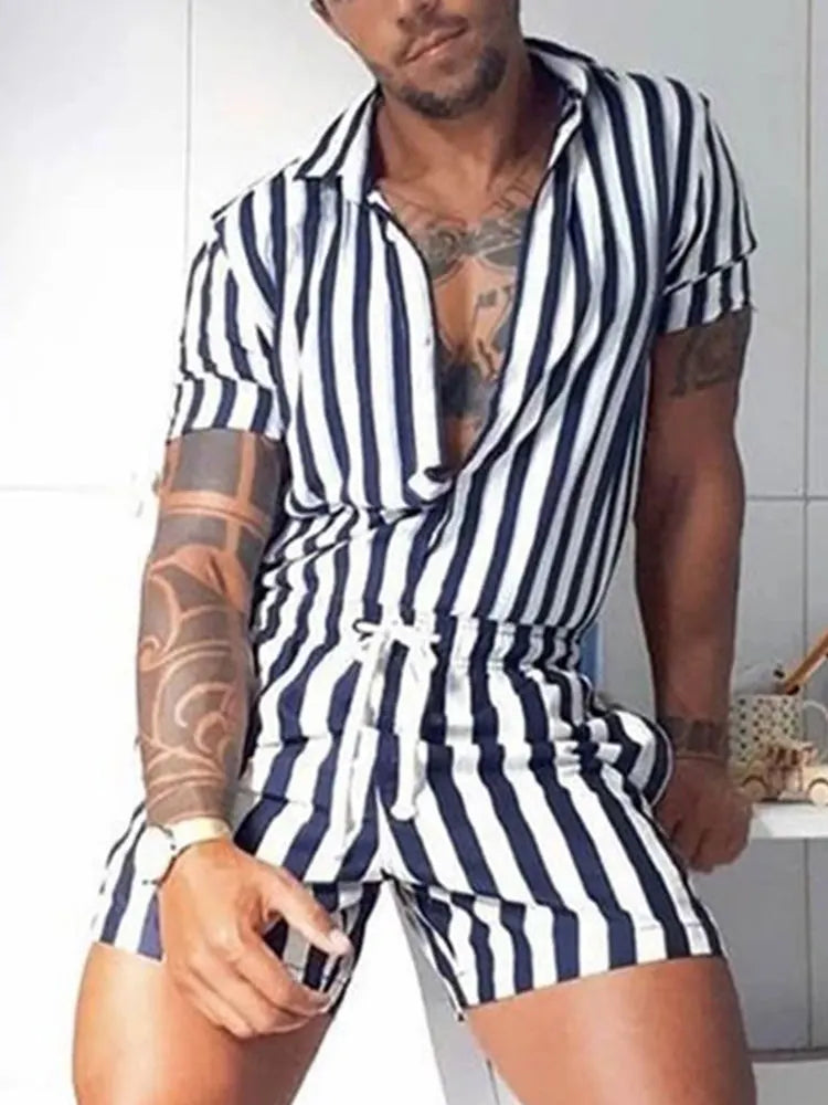 2023 Men’s Striped Rompers Fashion Casual Playsuit Short Sleeve Button Shorts Lapel Jumpsuit Drawstring Streetwear