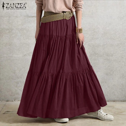 2023 ZANZEA Spring Solid Skirts Vintage Women's Ruffle Sundress Casual Elastic Waist Long Vestidos Female Robe Femme Oversized