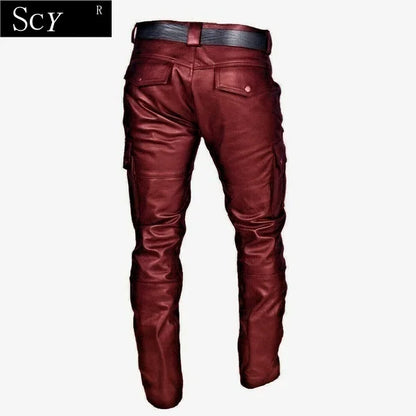 Men's Leather Motorcycle Pants with Cargo Pockets, Black, Leather Motorcycle Pants  No Belt