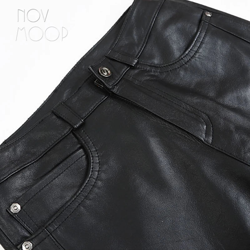 Novmoop 100% genuine leather women full length pants flare leg openning sexy french chic style Pantalones de cuero LT3556