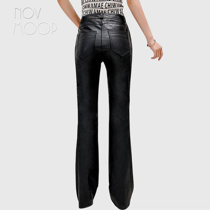 Novmoop 100% genuine leather women full length pants flare leg openning sexy french chic style Pantalones de cuero LT3556