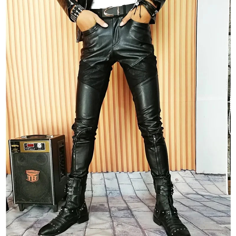 Mens Fashion Pu Leather Pencil Pants Skinny Buttons Patchwork Long Trousers Man Punk Style Biker Faux Leather Pants Plus Size 37