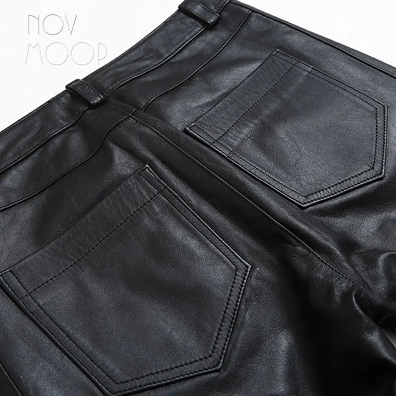 Novmoop 100% genuine leather women full length pants flare leg openning sexy french chic style Pantalones de cuero LT3556