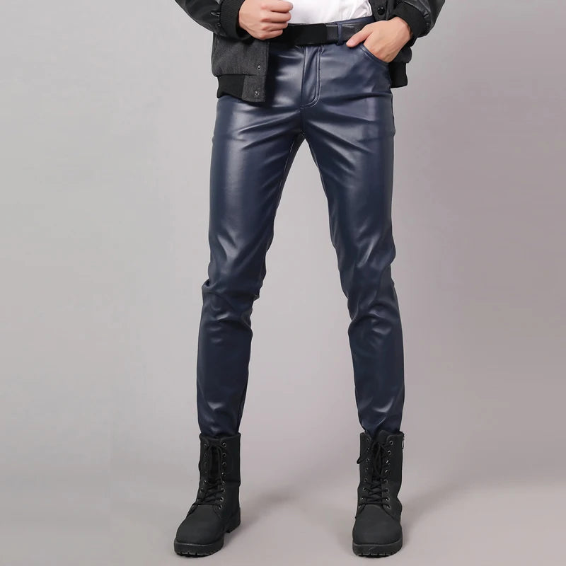 Spring Autumn Men's Leather Pants Skinny Fit Elastic Fashion PU Leather Trousers Punk Cosplay Dance Pants