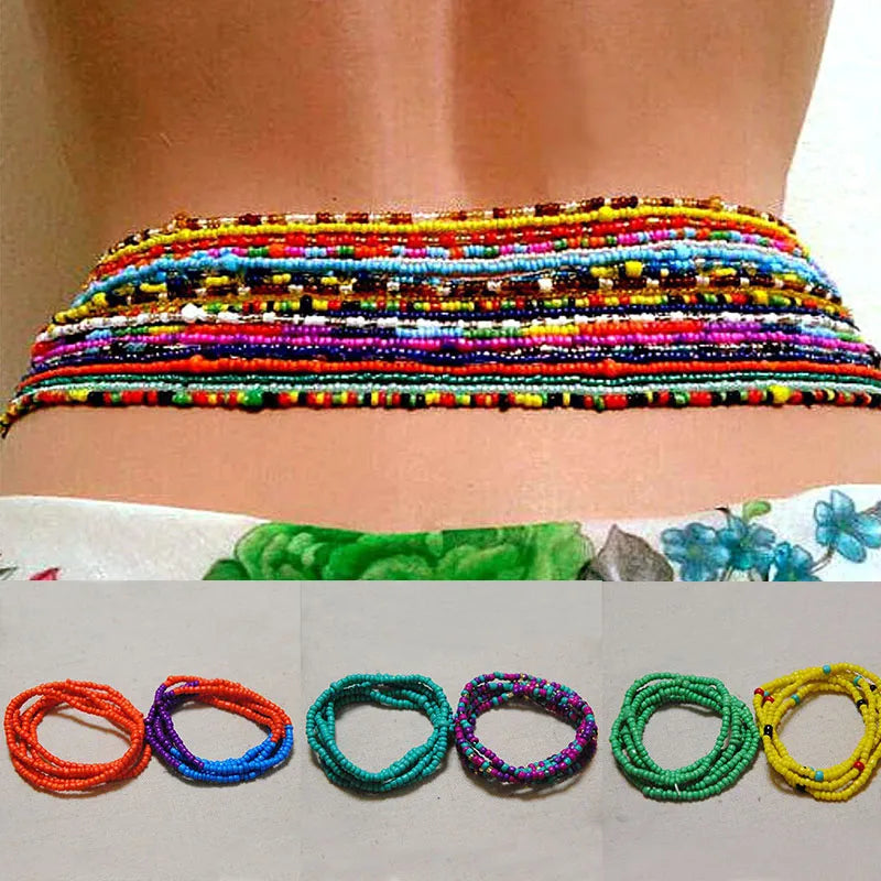 2 Pcs Sexy Summer Waist Bead Chains African Belly Beads Colorful Beach Bikini Body Belly Chain Elastic Jewelry for Women Girls