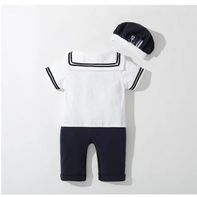 Baby Navy Romper Summer Newborn Kids Boys Girls Sailor Jumpsuit Hat 2Pcs Body Short Sleeve Anchor Printed Suit