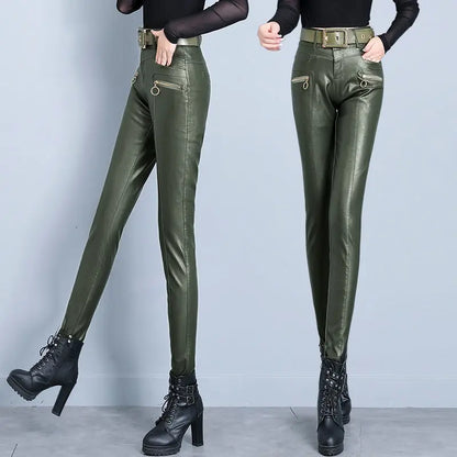 Womens Fashion Genuine Leather Pants 2020 Winter New Velvet Slim Pants High Waist Leggings Pencil Pants Leather Pants Pu Pants