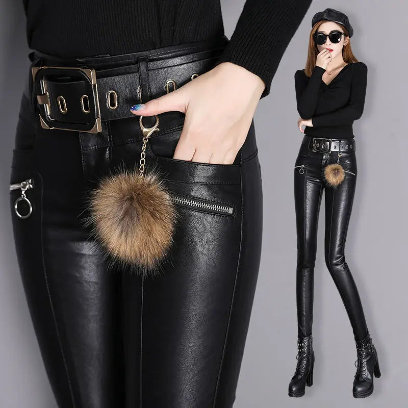 Womens Fashion Genuine Leather Pants 2020 Winter New Velvet Slim Pants High Waist Leggings Pencil Pants Leather Pants Pu Pants