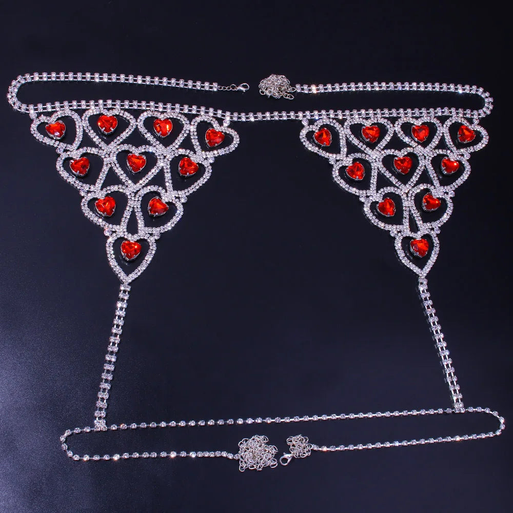 Shiny Rhinestone Red Heart Waist Round Thong Panties Body Jewelry for Women Luxury Crystal Bralette Body Chain Bra and Thong Set