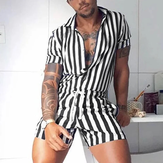 2023 Men’s Striped Rompers Fashion Casual Playsuit Short Sleeve Button Shorts Lapel Jumpsuit Drawstring Streetwear