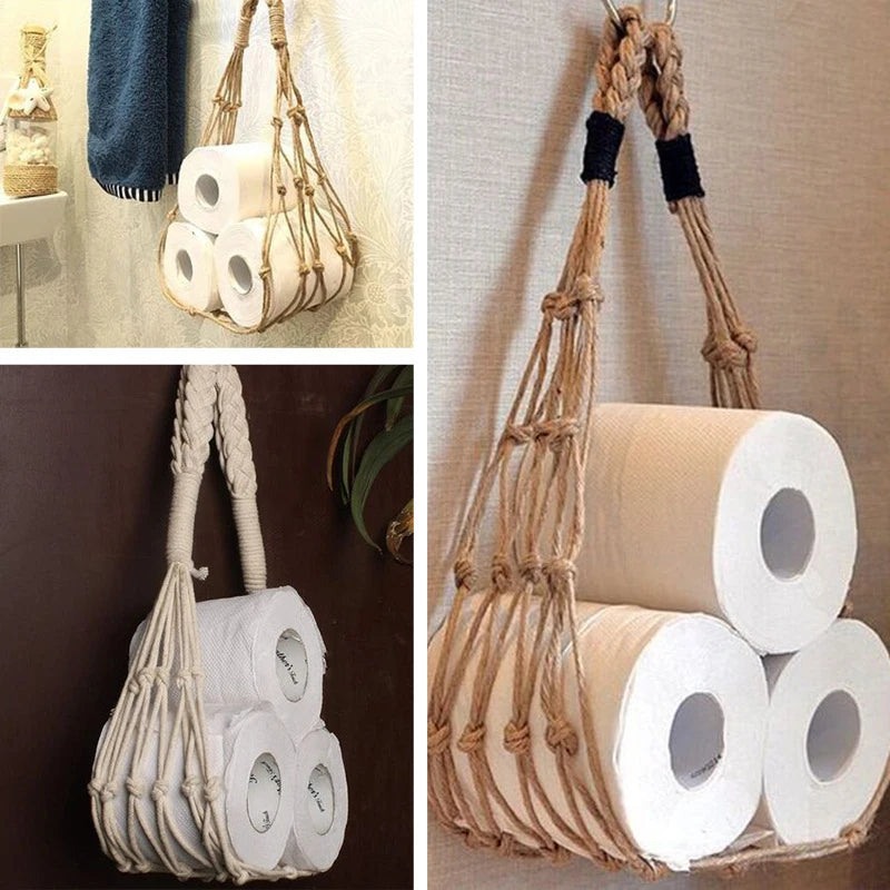 Storage Net Pocket Bathroom Hand Woven Toilet Paper Roll Storage Net Pocket Retro Bathroom Decoration Book Storage