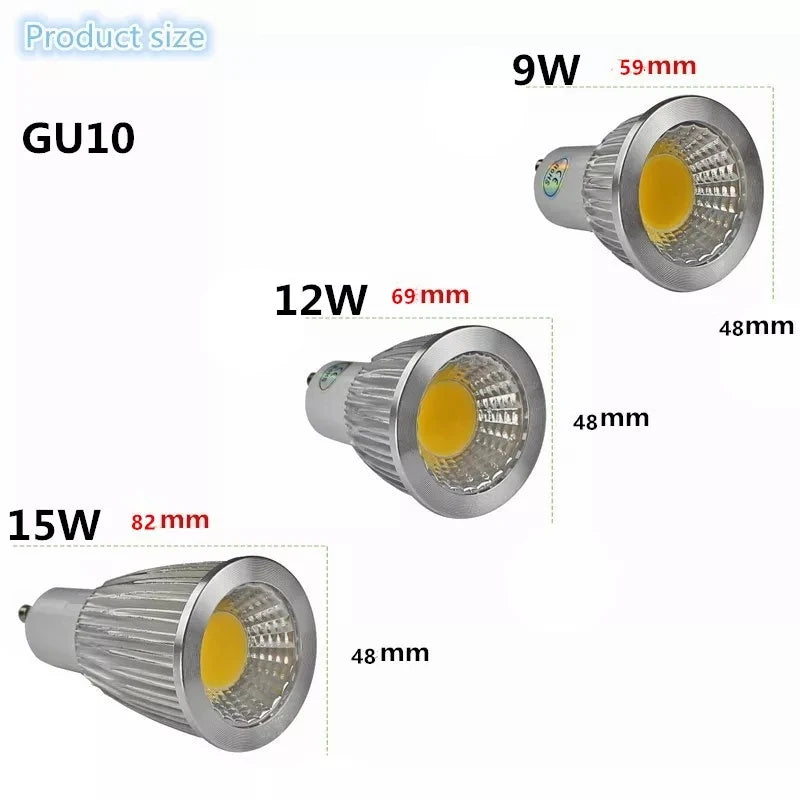 Super Bright GU10 Bulb Light Dimmable Led Ceiling light Warm/White 85-265V 9W 12W 15W GU10 COB LED lamp light GU10 led Spotlight