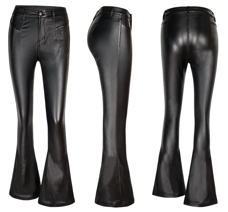 Stretch Faux Pu Leather Pants Women High Waist Boot Cut Push Up Wide Leg Flared Trousers Elegant Bell Bottom Bootcut 4XL Black