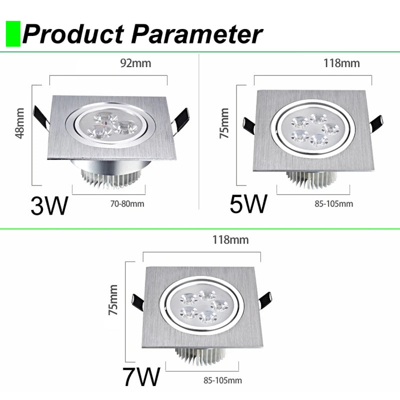 LED Square Down Lights 3W 5W 7W Recessed Dimmable Downlights 110V 220V Spot Indoor Ceiling Home Ceil Decor