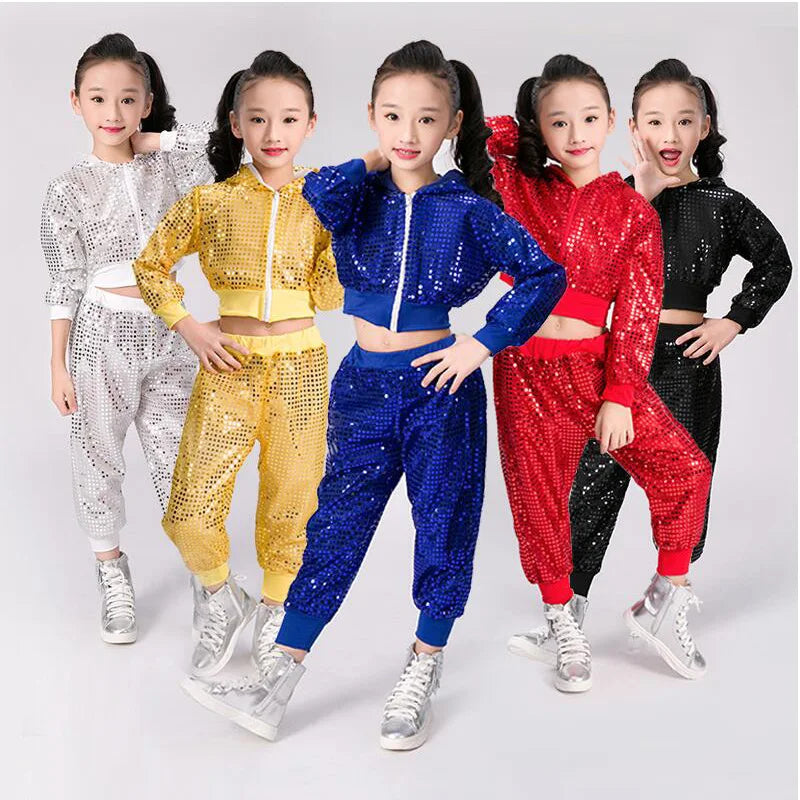 Children's Hip Hop Dance Wear Outfits Girls Jazz Modern Dancing Costumes Clothing Suits Kids Stage Costumes Hoodies Tops+Pants