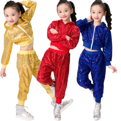 Children's Hip Hop Dance Wear Outfits Girls Jazz Modern Dancing Costumes Clothing Suits Kids Stage Costumes Hoodies Tops+Pants