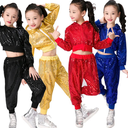 Children's Hip Hop Dance Wear Outfits Girls Jazz Modern Dancing Costumes Clothing Suits Kids Stage Costumes Hoodies Tops+Pants