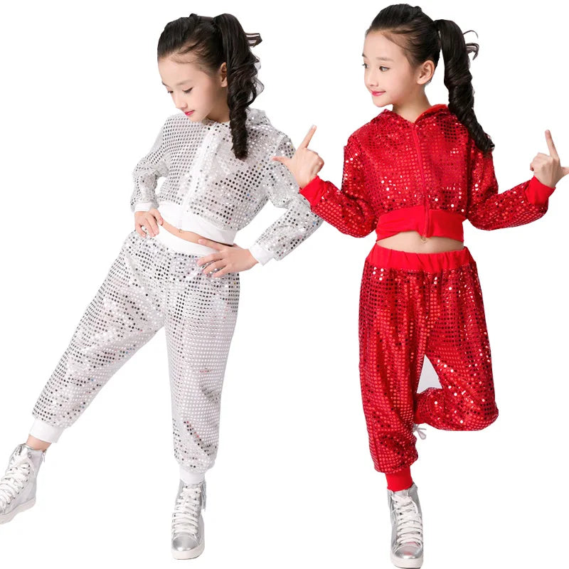 Children's Hip Hop Dance Wear Outfits Girls Jazz Modern Dancing Costumes Clothing Suits Kids Stage Costumes Hoodies Tops+Pants