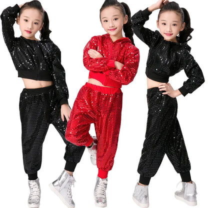 Children's Hip Hop Dance Wear Outfits Girls Jazz Modern Dancing Costumes Clothing Suits Kids Stage Costumes Hoodies Tops+Pants