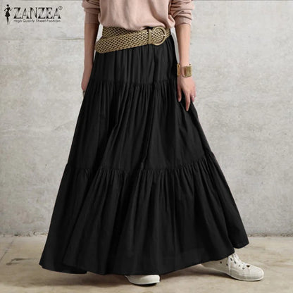 2023 ZANZEA Spring Solid Skirts Vintage Women's Ruffle Sundress Casual Elastic Waist Long Vestidos Female Robe Femme Oversized