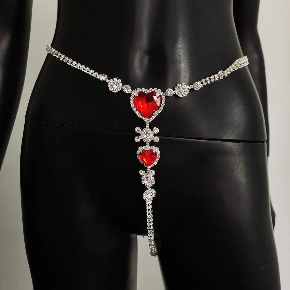 Rave Double Heart Rhinestone Thong Panties Bikini Bling Red Crystal Waist Body Chain Jewelry Women Sexy Fashion Festival Party