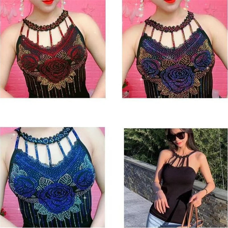 Diamond Camisole Feminine Blouse Rose Flower Tops 2024 Summer Outer Wear Net Red Beauty Back Bottom Shirt Tide Women Sling Top