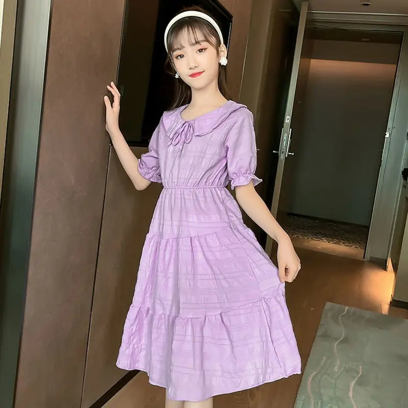 Girl Summer Dress Short Sleeve Party Princess  Casual Dresses Sweet Doll Collar Children's Teenage Clothes 2 12 To 14 Years Old