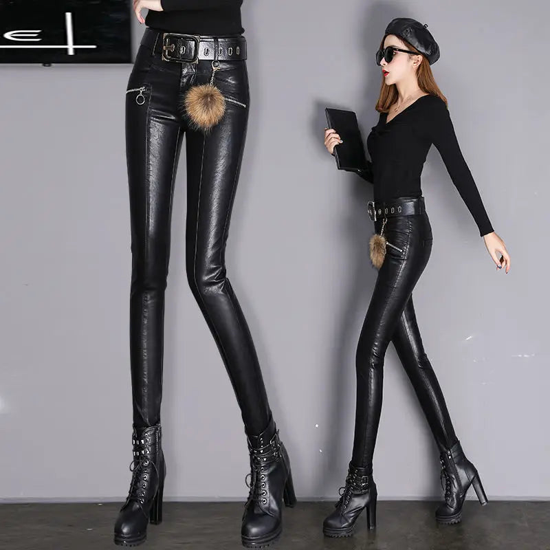 Womens Fashion Genuine Leather Pants 2020 Winter New Velvet Slim Pants High Waist Leggings Pencil Pants Leather Pants Pu Pants