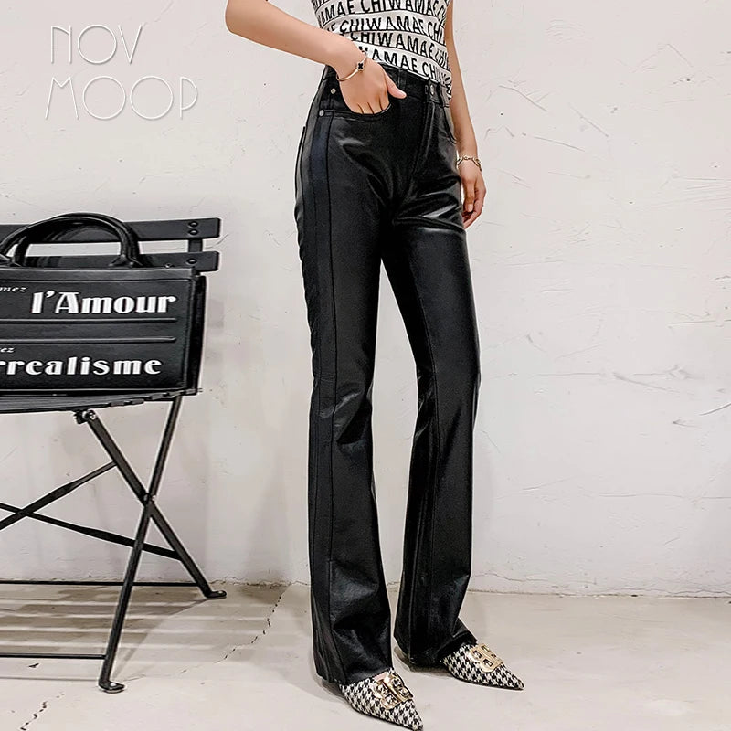 Novmoop 100% genuine leather women full length pants flare leg openning sexy french chic style Pantalones de cuero LT3556