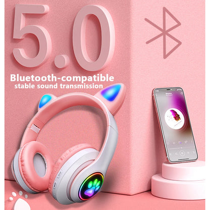 Pink Cute Cat Ears Wireless Headphone Bluetooth-compatible Headset Stereo Foldable Earphone with Microphone Music Kid Girl Gift