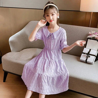 Girl Summer Dress Short Sleeve Party Princess  Casual Dresses Sweet Doll Collar Children's Teenage Clothes 2 12 To 14 Years Old