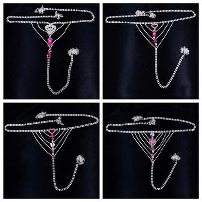 2021 New Fashion Sexy Body Chain Lingerie Pink Crystal Thong Jewelry for Women Bling Rhinestone Belly Waist Chain Body Jewelry