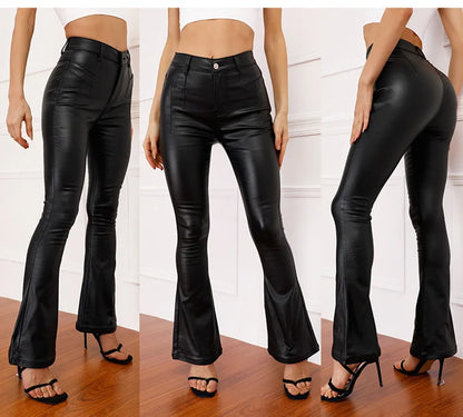 Stretch Faux Pu Leather Pants Women High Waist Boot Cut Push Up Wide Leg Flared Trousers Elegant Bell Bottom Bootcut 4XL Black