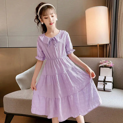 Girl Summer Dress Short Sleeve Party Princess  Casual Dresses Sweet Doll Collar Children's Teenage Clothes 2 12 To 14 Years Old