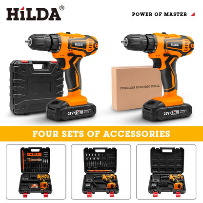 HILDA Electric Drill 12V 16V 20V Cordless Drill Electric Screwdriver Mini Wireless Power Driver DC Lithium-Ion Battery