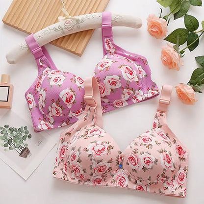 Women Sports Bra Adjustable Shoulder Strap Rhinestone Decor Floral Print Shockproof 3/4 Cup Push-up Anti-snagging Wireless Yoga