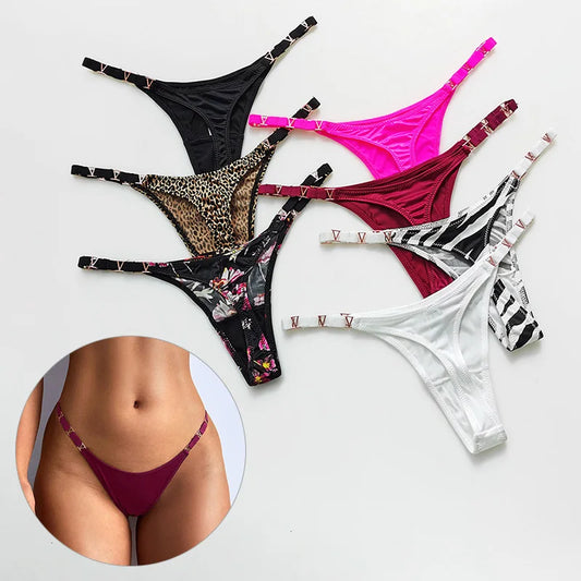 Women's Seamless Fitness Underwear G-string Sexy Low Waist Metal Buckle Decorative Thongs Soft Ice Silk T-type Elastic Panties