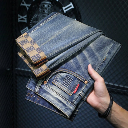 2024 New High End Light Luxury Retro Worn Heavy Industry Jeans Men'S Fit Elastic Straight Leg Trendy Brand Slim Fit Denim Pants