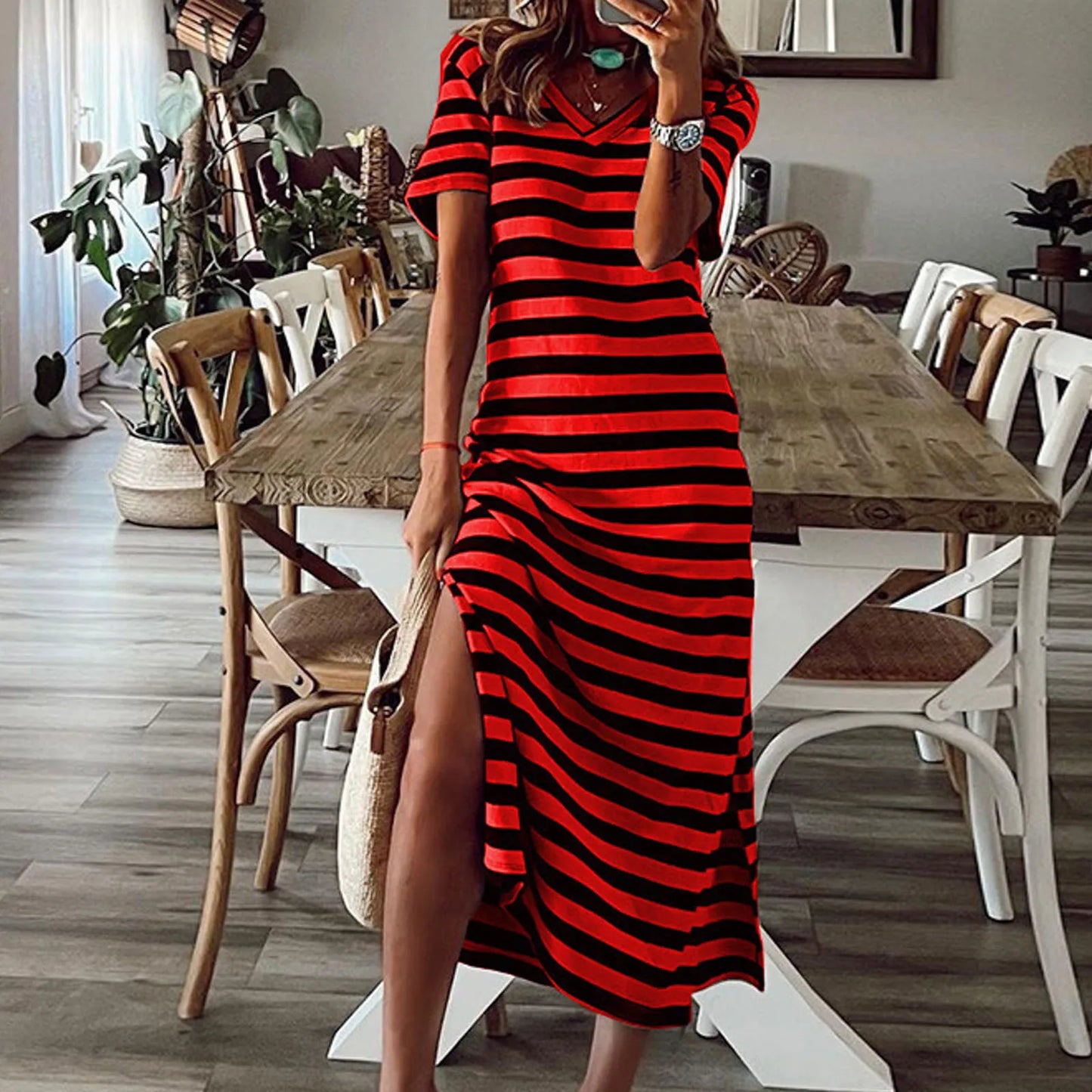 Summer Women Long Dress Maxi Split Striped V Neck Beach Tshirt Dress Female Dress Vacation Beach Casual Short Sleeve Loose Dress