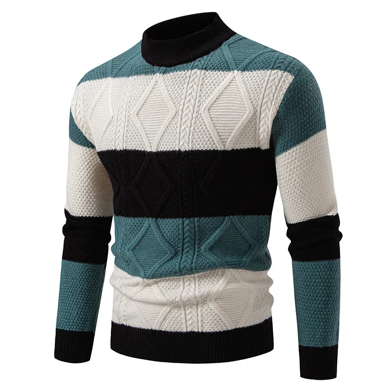 Fashion Patchwork Knitted Sweater Men Autumn Winter Mock Neck Long Sleeve Knit Pullovers Mens Youthful Vitality Casual Sweater