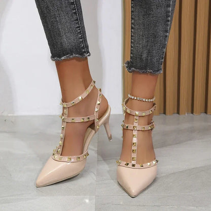 Women's Shoes Rivets Sandals Female Summer  Thick with Fine with High-heeled Shoes Pointed Stiletto Sexy Nightclub Shoes