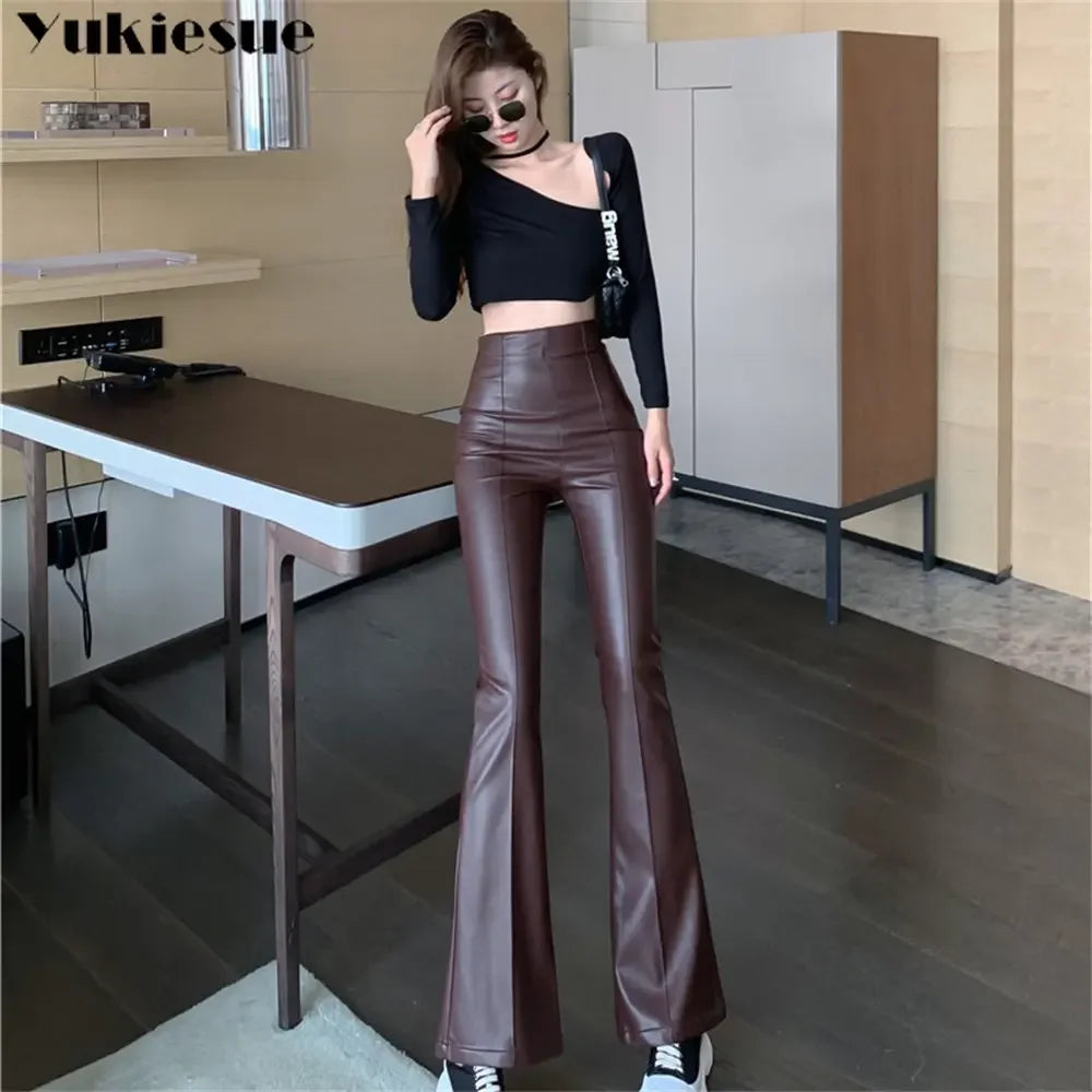 2022 Autumn Winter Vintage Casual High Waist Trousers Streetwear PU Leather Flare Pants Women Pants Fashion Elegant Slim Pant